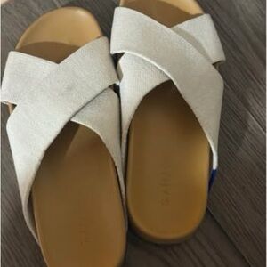 Rothy's Cream and Tan Slide Sandals